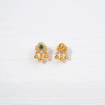 Gold-plated silver stud earrings with green and white stones, dangling beads, on white background