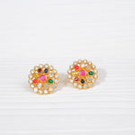 Gold-plated silver stud earrings with colorful gemstones and clear crystals, round floral design