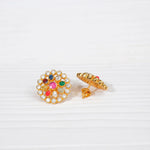 Round gold-plated stud earrings with multicolor stones and clear crystals on white background