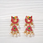 Pink and gold enamel jhumka earrings with pearl drops, Indian traditional jewelry
