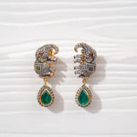 Handcrafted gold-tone elephant stud earrings with green teardrop gemstone and CZ stones