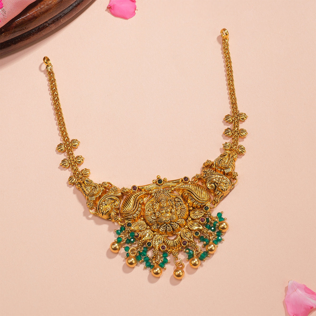 Traditional Silver Lakshmi Devi Haaram with Nature-Inspired Design