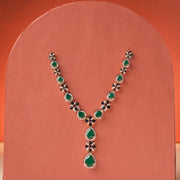 Silver Stone Studded Necklace with Floral and Drop Design