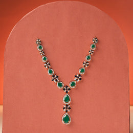 Silver Stone Studded Necklace with Floral and Drop Design