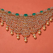 Intricate Petal Design Silver Choker with CZs and Pearl Hangings