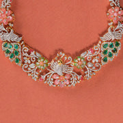 Striking Silver and CZ Short Necklace with Peacocks and Floral Highlights