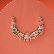 Striking Silver and CZ Short Necklace with Peacocks and Floral Highlights