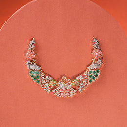 Striking Silver and CZ Short Necklace with Peacocks and Floral Highlights