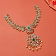 Heavy Silver Necklace with Floral Design, CZs, and Pearls