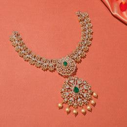 Heavy Silver Necklace with Floral Design, CZs, and Pearls