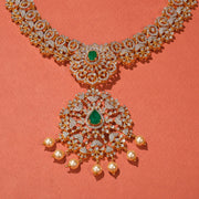 Heavy Silver Necklace with Floral Design, CZs, and Pearls