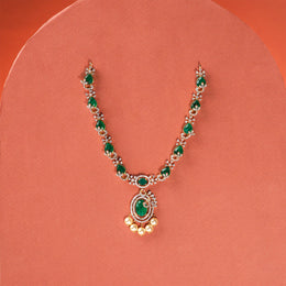 Floral Silver Necklace with Green Stones and Floral Accents