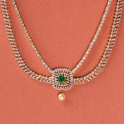 Contemporary Silver Necklace with CZs and Green Stone Highlight