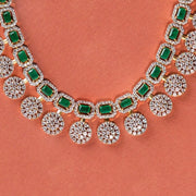 CZ and Green Stone Combination Silver Floral Necklace