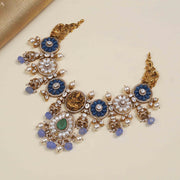 Silver Beaded Necklace with Kundans and Saraswati Devi Design