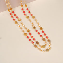 Silver Stepped Mala with Coral Beads and Pearls