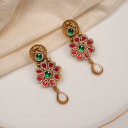Silver Floral Earrings with Red and Green Kundans