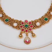 Silver Necklace with Floral Highlight and Coloured Kundans