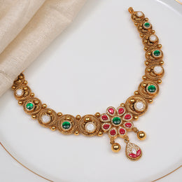 Silver Necklace with Floral Highlight and Coloured Kundans