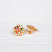 Navaratna Floral Silver Stud Earrings
