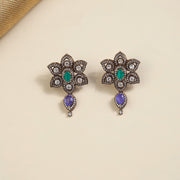 Victorian Silver Floral Earrings with Drop-Shaped Multicoloured Stones