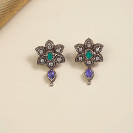 Victorian Silver Floral Earrings with Drop-Shaped Multicoloured Stones