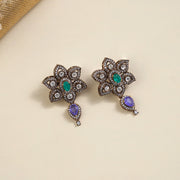 Victorian Silver Floral Earrings with Drop-Shaped Multicoloured Stones