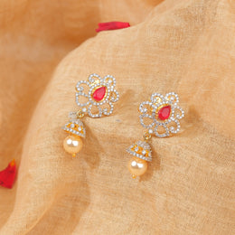Silver Floral Earrings with CZs, Rubies, and Pearls