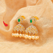 CZ and Emerald Combination Silver Jhumkas with Pearl Hangings
