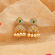 CZ and Emerald Combination Silver Jhumkas with Pearl Hangings