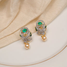 Graceful Bird Design Earrings with Moissanite Stones and Pearl Hangings