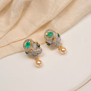 Graceful Bird Design Earrings with Moissanite Stones and Pearl Hangings