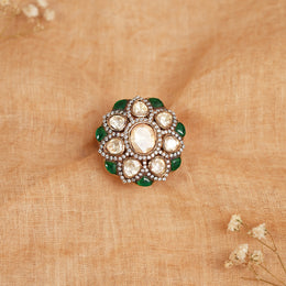 Silver Floral Design Ring with Kundans