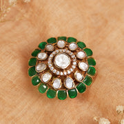 Heavy Silver Ring with Kundans and Green Stone Highlights