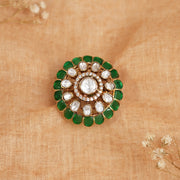 Heavy Silver Ring with Kundans and Green Stone Highlights