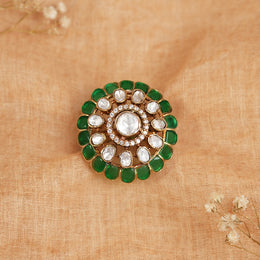 Heavy Silver Ring with Kundans and Green Stone Highlights