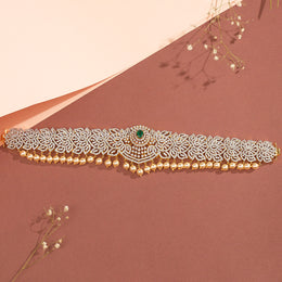 Silver Floral Vaddanam with CZs and Emeralds