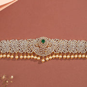 Silver Floral Vaddanam with CZs and Emeralds