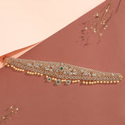 Silver Vaddanam with CZ Stones, Emeralds, and Pearl Hangings