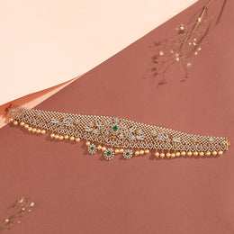 Silver Vaddanam with CZ Stones, Emeralds, and Pearl Hangings