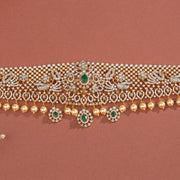 Silver Vaddanam with CZ Stones, Emeralds, and Pearl Hangings