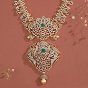 Silver Long Haaram with Pearl Hangings and CZ Stones