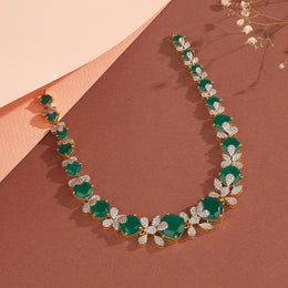 Silver Stone-Studded Floral Necklace with Green Stone Highlights
