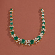 Silver Stone-Studded Floral Necklace with Green Stone Highlights