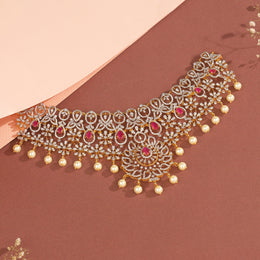 Silver Floral Choker with CZs and Pearl Hangings