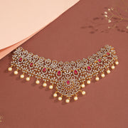 Silver Floral Choker with CZs and Pearl Hangings