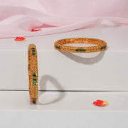 Traditional Temple Silver Bangles with Green Kundans