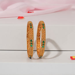 Traditional Temple Silver Bangles with Green Kundans