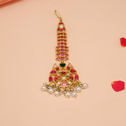 SIlver Floral Maang Tikka with Pink Kundans and Pearls