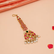 SIlver Floral Maang Tikka with Pink Kundans and Pearls